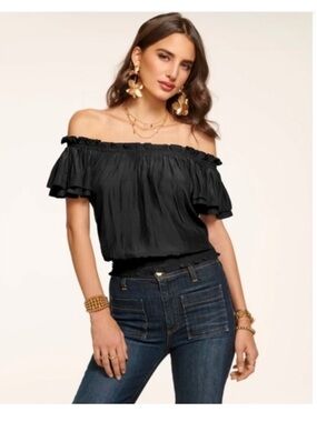 Ramy Brook Cressida Off The Shoulder Ruffle Sleeve Smocked Hem Top in Black XL
